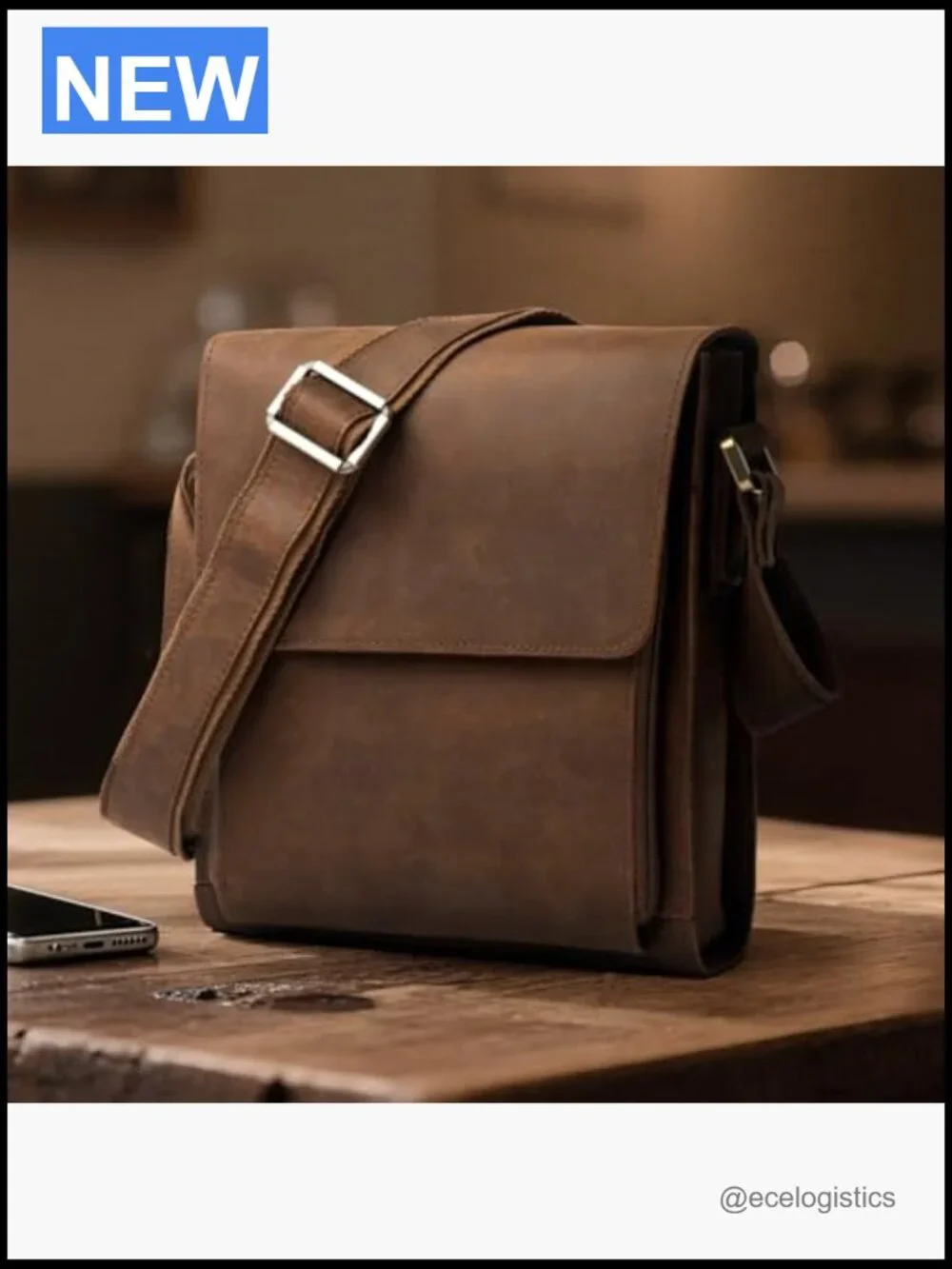 Leather Messenger Crossbody Bag for Men Adjustable Strap YKK Zipper